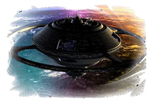 Die Trinity vor einem dreifarbigen Hintergrund, wecle im Orbit des J-Gasriesen zu sehen ist.